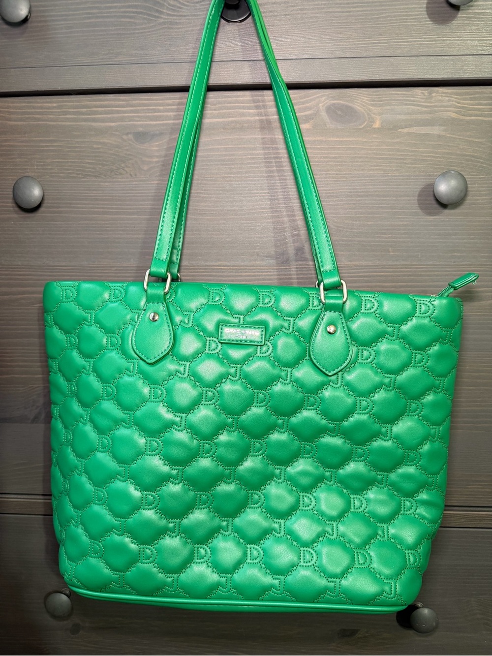 Green Quilted Shoulder Tote with Subtle Logo Plaque